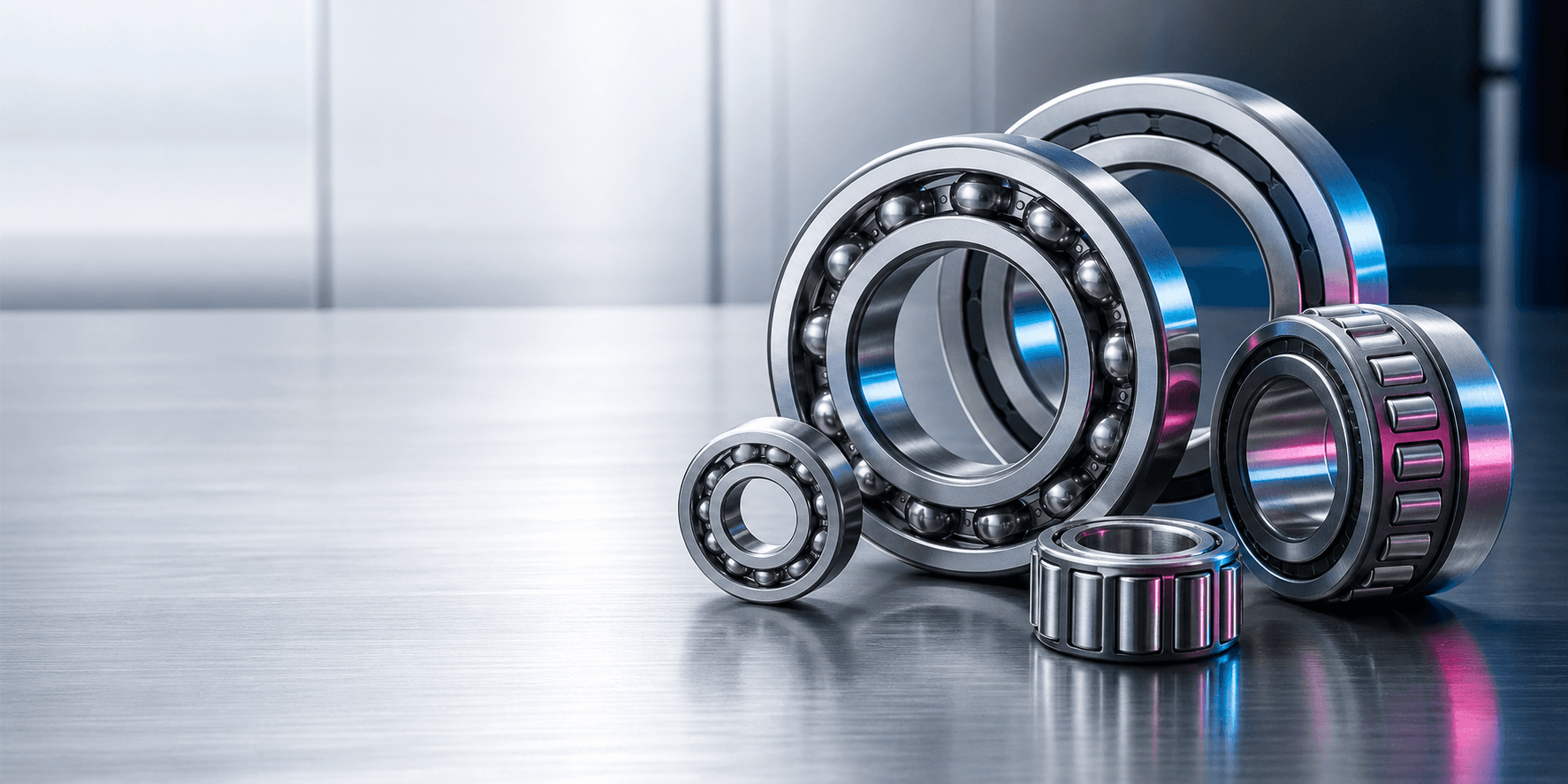 Industrial rolling bearings on a brushed metal surface